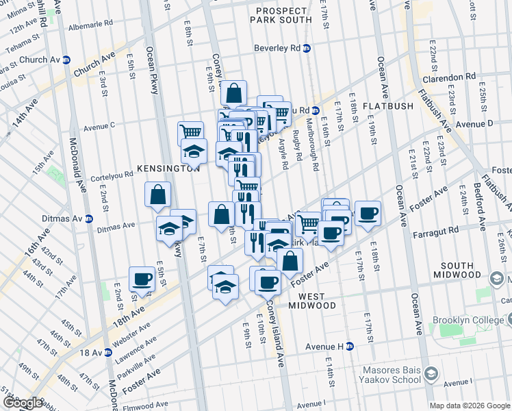 map of restaurants, bars, coffee shops, grocery stores, and more near 860 Coney Island Avenue in Brooklyn