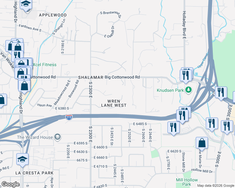 map of restaurants, bars, coffee shops, grocery stores, and more near 6320 Wrenhaven Lane in Holladay