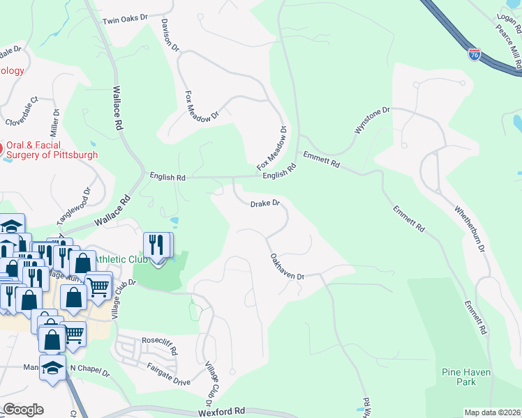 map of restaurants, bars, coffee shops, grocery stores, and more near 116 Drake Drive in Wexford