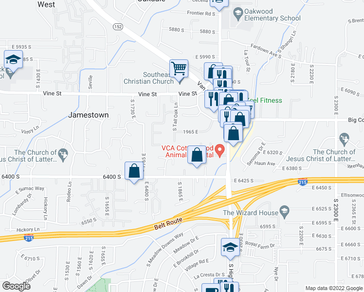 map of restaurants, bars, coffee shops, grocery stores, and more near 1864 East Casino Way in Murray