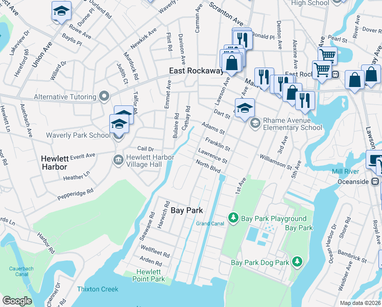 map of restaurants, bars, coffee shops, grocery stores, and more near 56 North Boulevard in East Rockaway