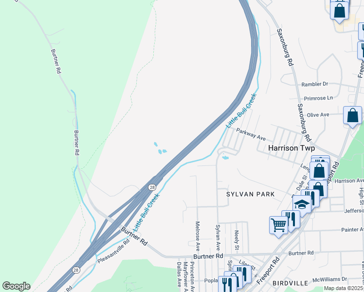 map of restaurants, bars, coffee shops, grocery stores, and more near State Highway 28 in Harrison Township