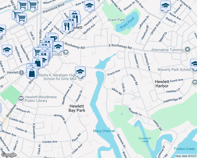 map of restaurants, bars, coffee shops, grocery stores, and more near in Hewlett