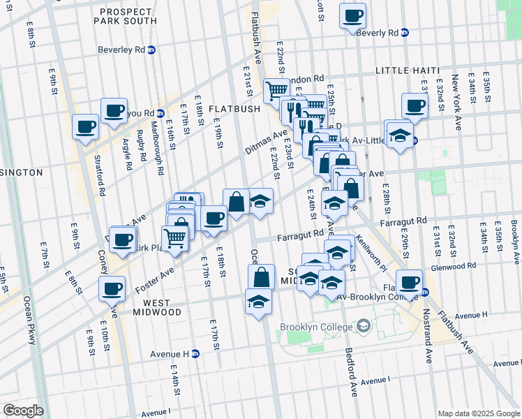 map of restaurants, bars, coffee shops, grocery stores, and more near 2015 Foster Avenue in Brooklyn