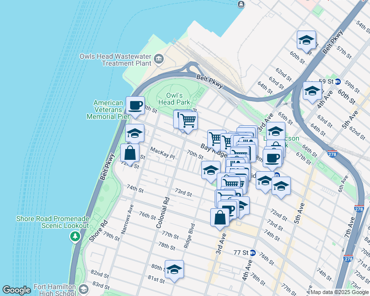 map of restaurants, bars, coffee shops, grocery stores, and more near 119 70th Street in Brooklyn