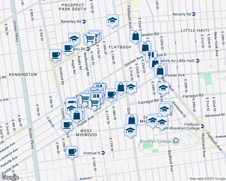 map of restaurants, bars, coffee shops, grocery stores, and more near 1802 Newkirk Avenue in Brooklyn