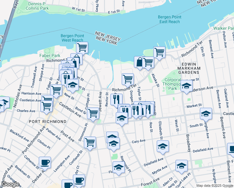 map of restaurants, bars, coffee shops, grocery stores, and more near 150 Clove Road in Staten Island