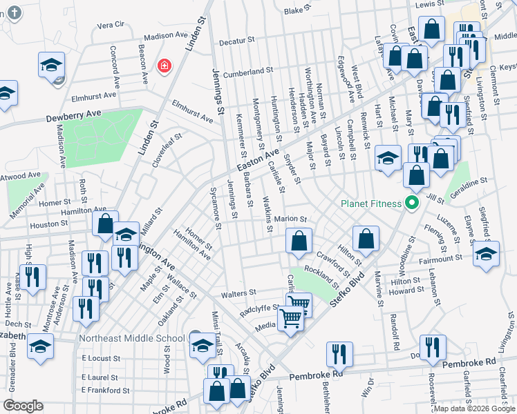 map of restaurants, bars, coffee shops, grocery stores, and more near 1810 Watkins Street in Bethlehem