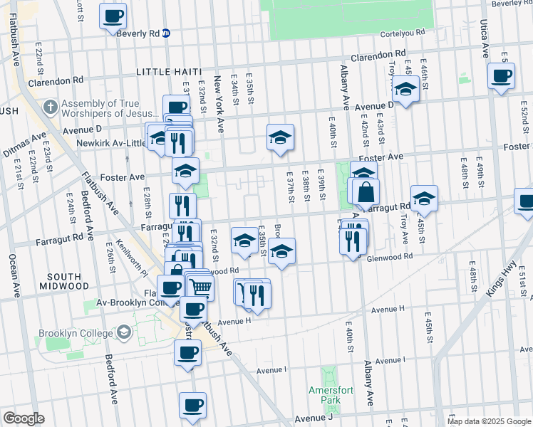 map of restaurants, bars, coffee shops, grocery stores, and more near 3524 Farragut Road in Brooklyn