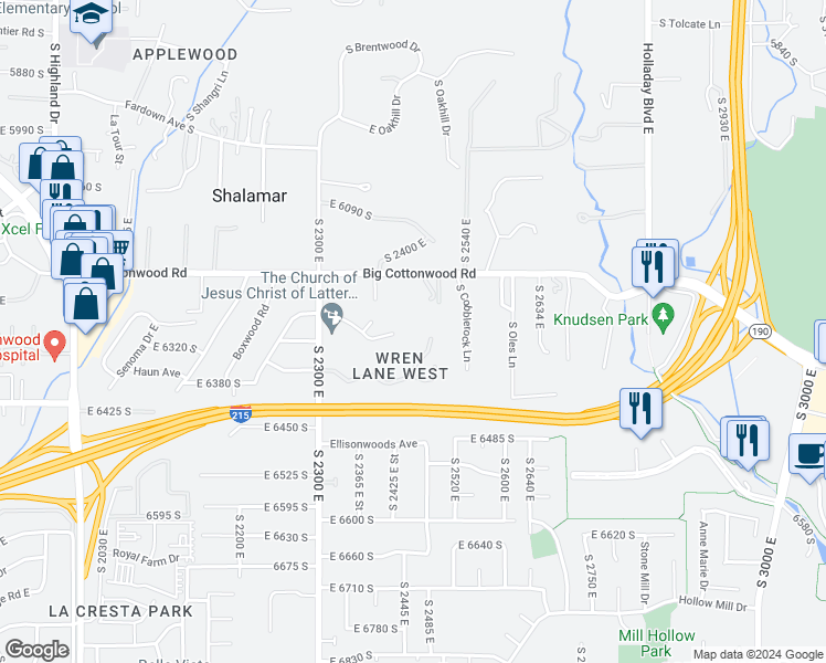 map of restaurants, bars, coffee shops, grocery stores, and more near 6320 Wrenhaven Lane in Holladay