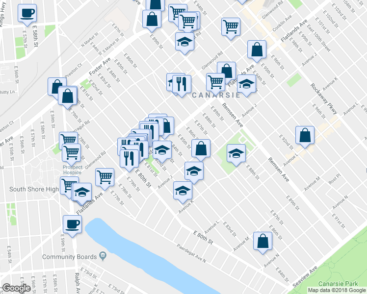 map of restaurants, bars, coffee shops, grocery stores, and more near 942 East 84th Street in Brooklyn