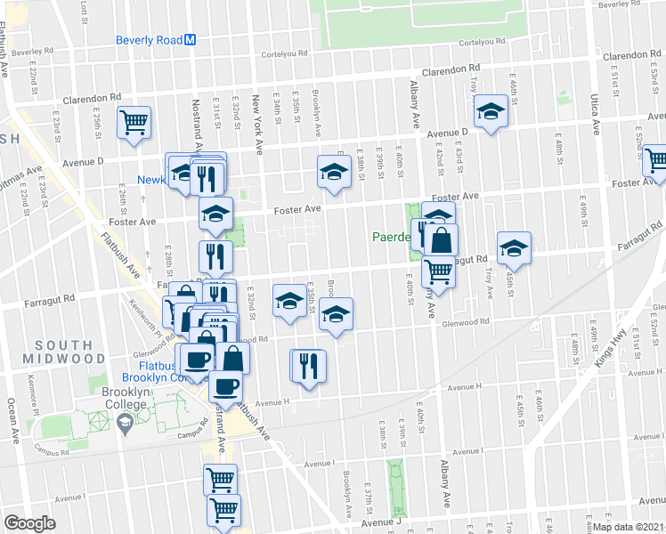 map of restaurants, bars, coffee shops, grocery stores, and more near 3524 Farragut Road in Brooklyn