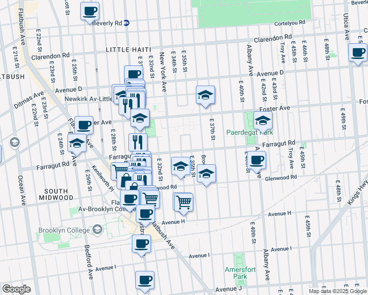 map of restaurants, bars, coffee shops, grocery stores, and more near 3402 Farragut Road in Brooklyn
