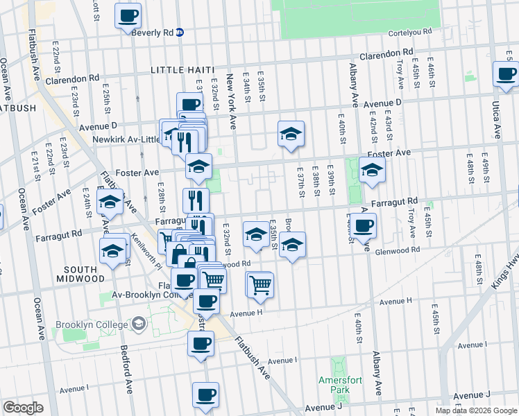 map of restaurants, bars, coffee shops, grocery stores, and more near 3402 Farragut Road in Brooklyn