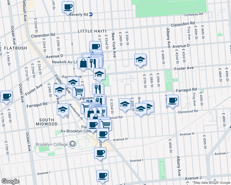 map of restaurants, bars, coffee shops, grocery stores, and more near 3223 Farragut Road in Brooklyn