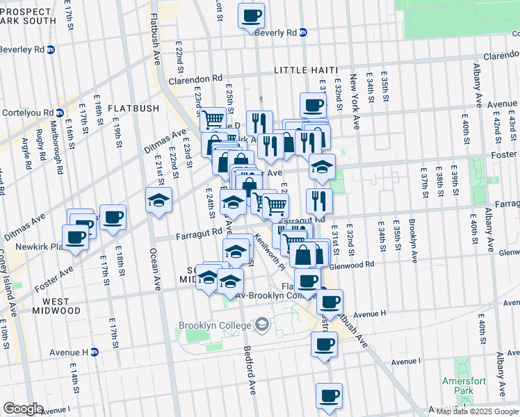 map of restaurants, bars, coffee shops, grocery stores, and more near 1401 Flatbush Avenue in Brooklyn
