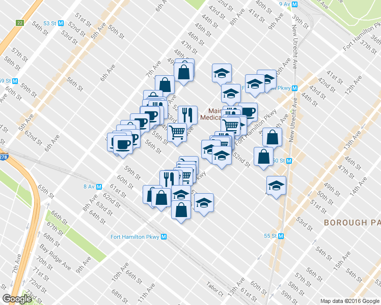 map of restaurants, bars, coffee shops, grocery stores, and more near 958 54th Street in Brooklyn