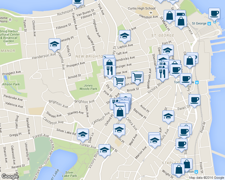 map of restaurants, bars, coffee shops, grocery stores, and more near 11 Stanley Avenue in Staten Island