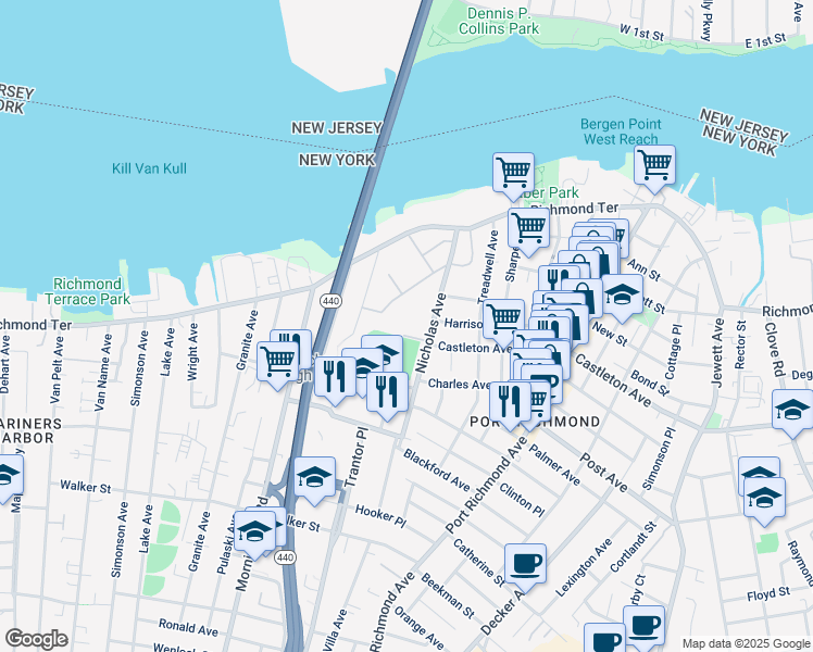 map of restaurants, bars, coffee shops, grocery stores, and more near 144 Nicholas Avenue in Staten Island