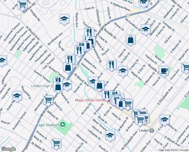 map of restaurants, bars, coffee shops, grocery stores, and more near 31 East Gibbons Street in Linden