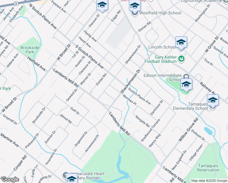 map of restaurants, bars, coffee shops, grocery stores, and more near 834 Shackamaxon Drive in Westfield