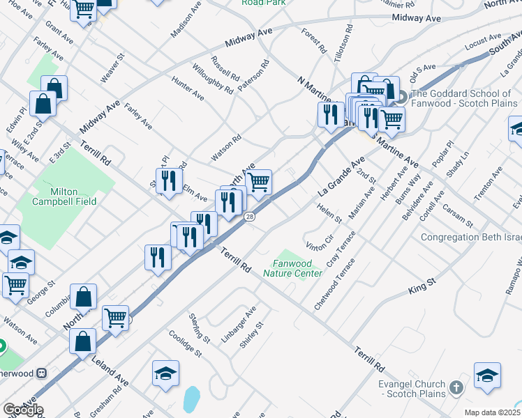 map of restaurants, bars, coffee shops, grocery stores, and more near 74 South Avenue in Fanwood