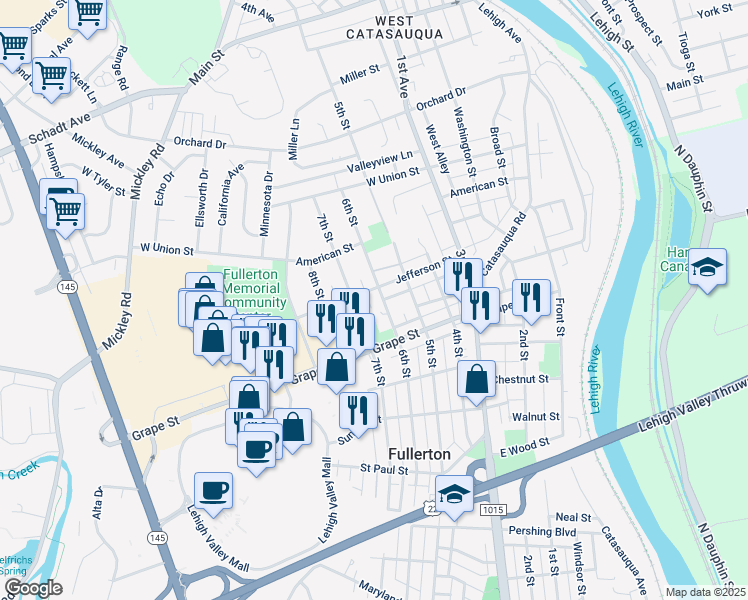 map of restaurants, bars, coffee shops, grocery stores, and more near 947 7th Street in Fullerton