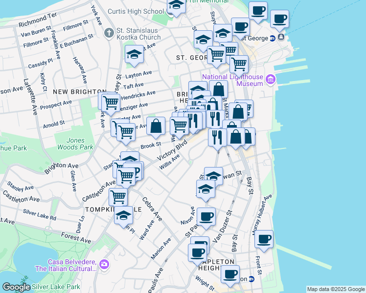 map of restaurants, bars, coffee shops, grocery stores, and more near 102 Tompkins Circle in Staten Island