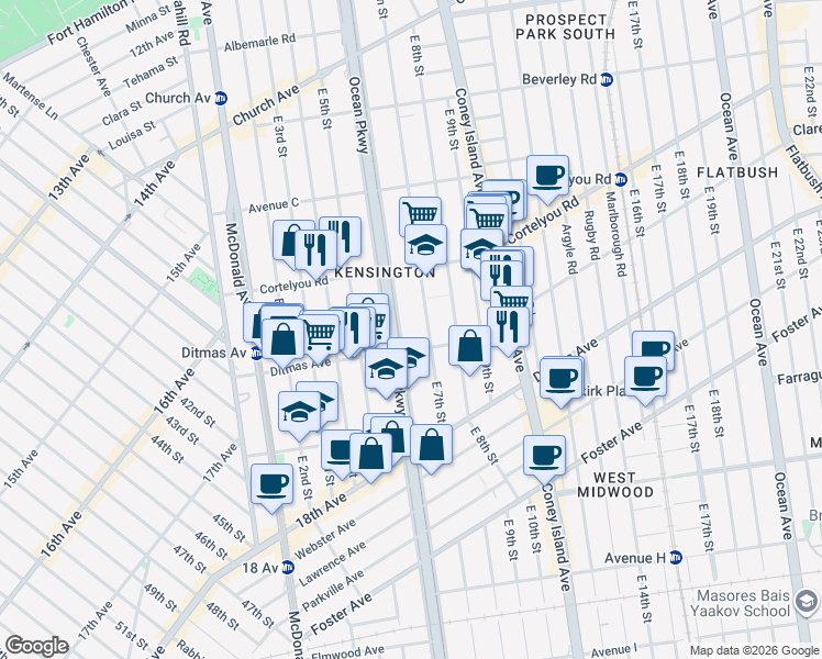 map of restaurants, bars, coffee shops, grocery stores, and more near 483 Ocean Parkway in Brooklyn