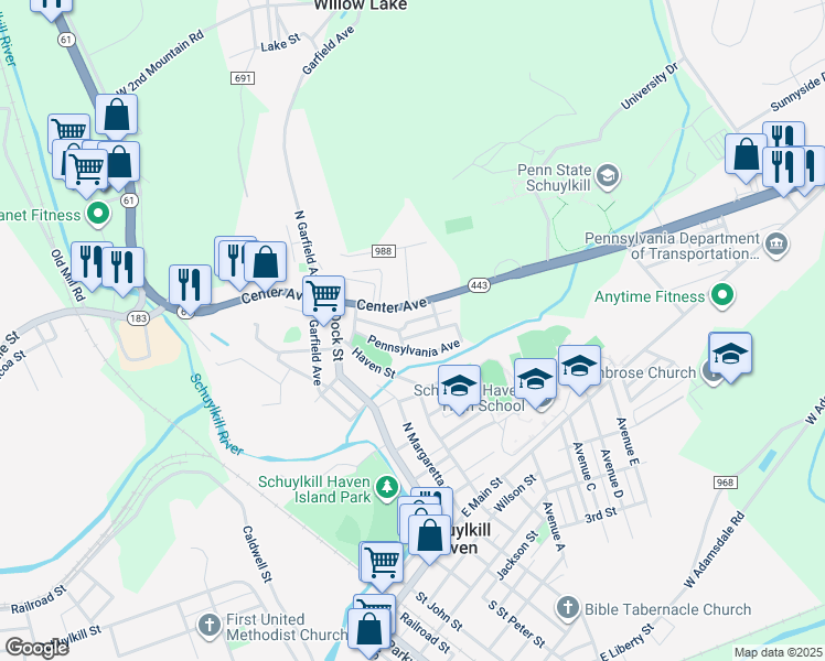 map of restaurants, bars, coffee shops, grocery stores, and more near 50 Stanton Street in Schuylkill Haven
