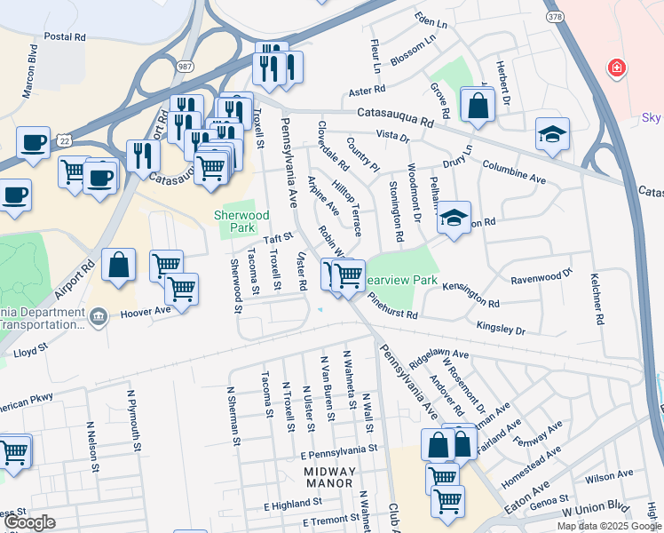map of restaurants, bars, coffee shops, grocery stores, and more near 1852 Pennsylvania Avenue in Bethlehem