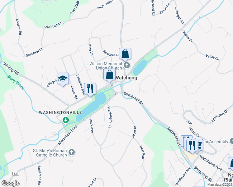 map of restaurants, bars, coffee shops, grocery stores, and more near 216 Mountain Boulevard in Watchung