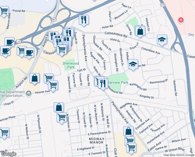 map of restaurants, bars, coffee shops, grocery stores, and more near 1852 Pennsylvania Avenue in Bethlehem