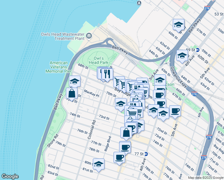 map of restaurants, bars, coffee shops, grocery stores, and more near 152 Bay Ridge Avenue in Brooklyn