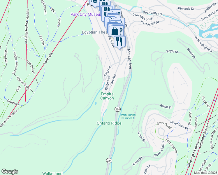 map of restaurants, bars, coffee shops, grocery stores, and more near 162 Daly Avenue in Park City