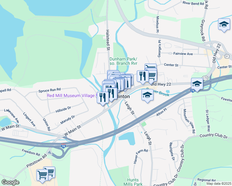 map of restaurants, bars, coffee shops, grocery stores, and more near 16 Main Street in Clinton
