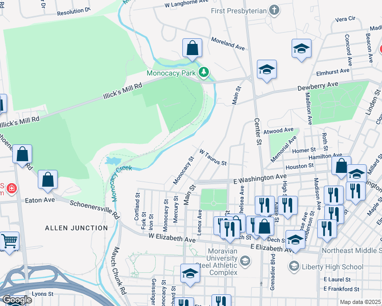map of restaurants, bars, coffee shops, grocery stores, and more near 1717 Monocacy Street in Bethlehem