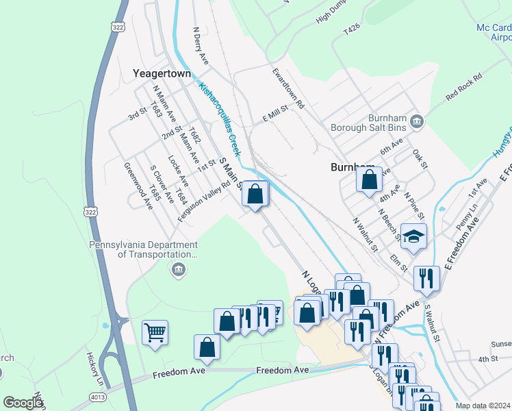map of restaurants, bars, coffee shops, grocery stores, and more near 300 South Main Street in Yeagertown