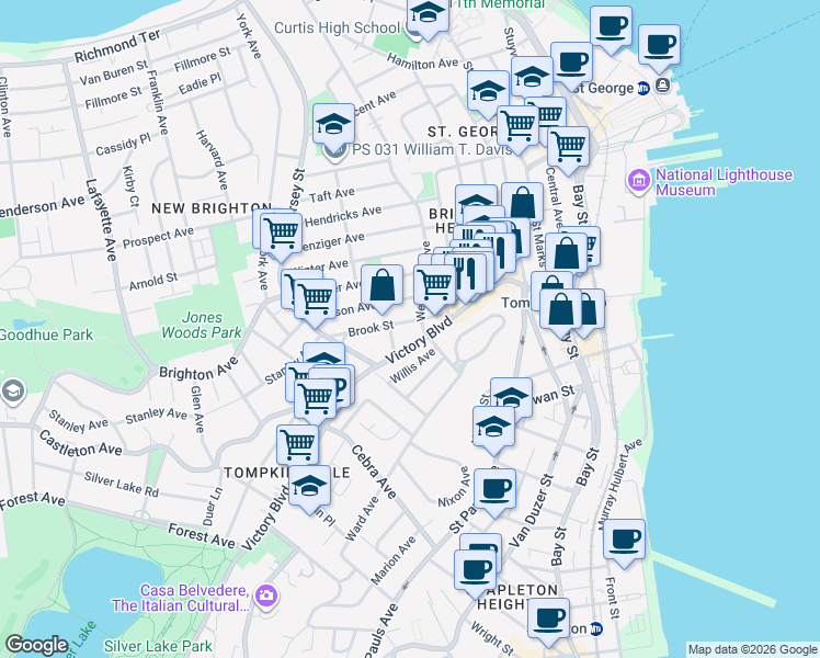 map of restaurants, bars, coffee shops, grocery stores, and more near 190 Victory Boulevard in Staten Island