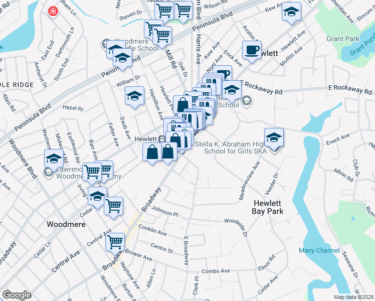 map of restaurants, bars, coffee shops, grocery stores, and more near 8 Franklin Avenue in Hewlett