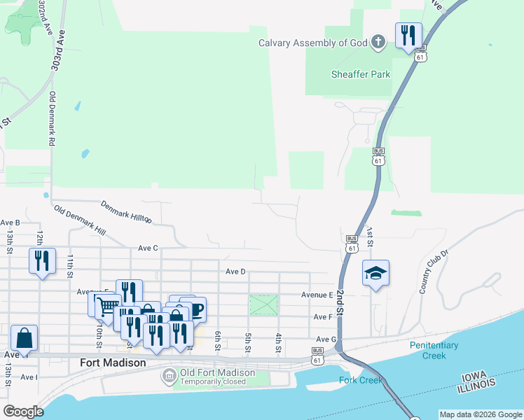 map of restaurants, bars, coffee shops, grocery stores, and more near 426 Avenue A in Fort Madison