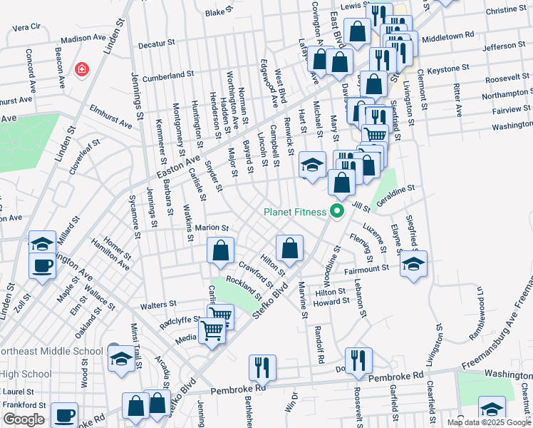 map of restaurants, bars, coffee shops, grocery stores, and more near 1735 Major Street in Bethlehem