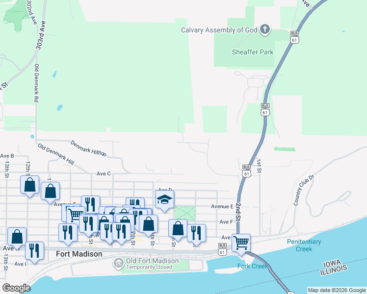 map of restaurants, bars, coffee shops, grocery stores, and more near 426 Avenue A in Fort Madison