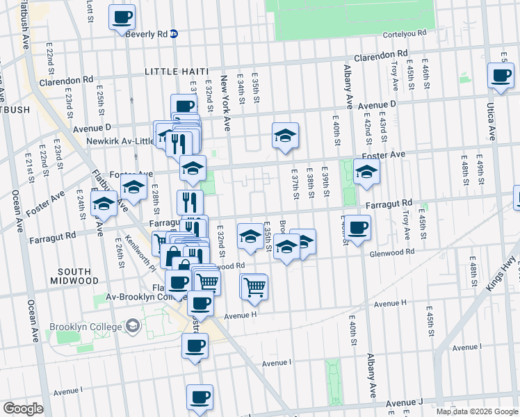 map of restaurants, bars, coffee shops, grocery stores, and more near 3402 Farragut Road in Brooklyn