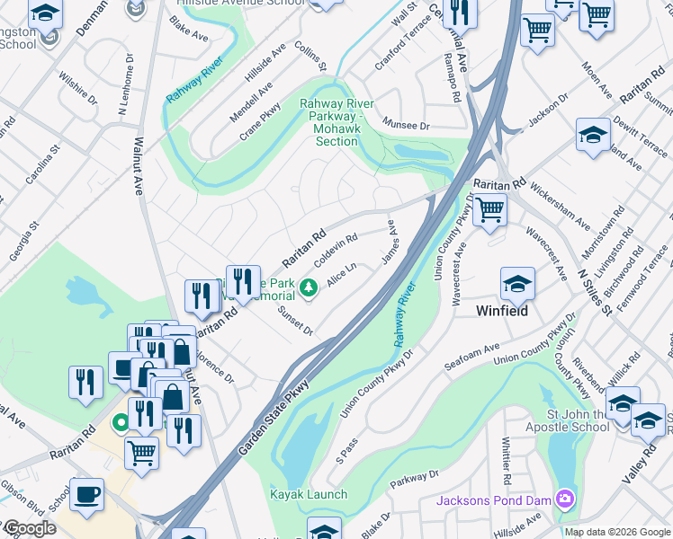 map of restaurants, bars, coffee shops, grocery stores, and more near 27 Alice Lane in Clark