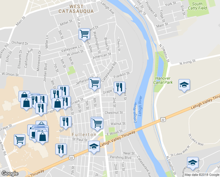 map of restaurants, bars, coffee shops, grocery stores, and more near 215 Grape Street in Fullerton