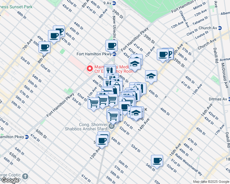 map of restaurants, bars, coffee shops, grocery stores, and more near 1216 48th Street in Brooklyn