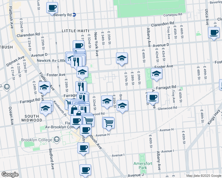 map of restaurants, bars, coffee shops, grocery stores, and more near 3402 Farragut Road in Brooklyn
