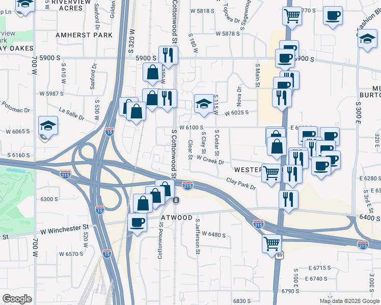 map of restaurants, bars, coffee shops, grocery stores, and more near 6172 South Clear Street in Murray