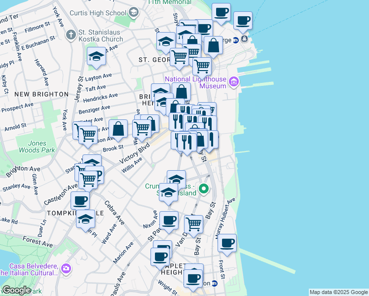 map of restaurants, bars, coffee shops, grocery stores, and more near 58 Van Duzer Street in Staten Island